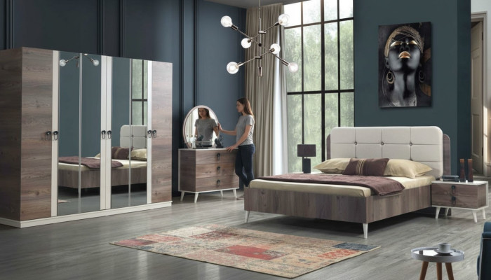 Komplettes Schlafzimmer Bett Bank Schminktisch Kleiderschrank Nachttisch 5tlg.