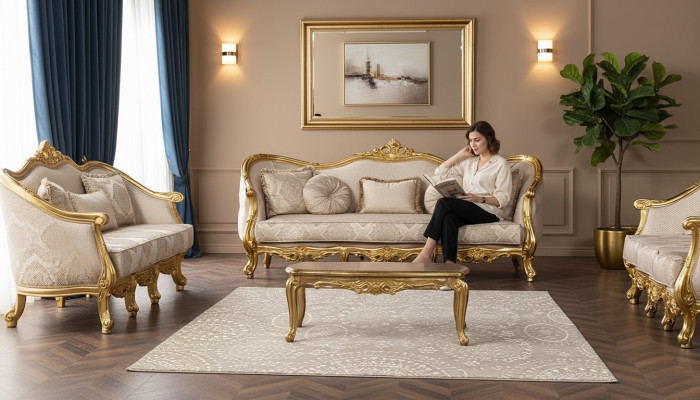 Dreisitzer Sofa 3 Sitzer Barock Rokoko Sofa Sofas Sessel Sitz Stoff Stil couch