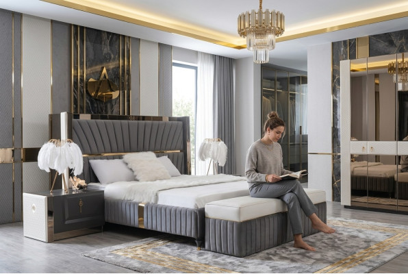Luxus Bett 180x200cm mit Holz Kopfteil und 2 Nachttischen Italienische Möbel Neu
