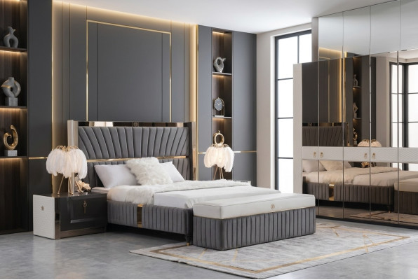 Luxus Bett 180x200cm mit Holz Kopfteil und 2 Nachttischen Italienische Möbel Neu