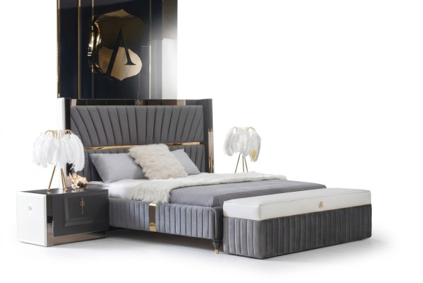 Luxus Bett 180x200cm mit Holz Kopfteil und 2 Nachttischen Italienische Möbel Neu