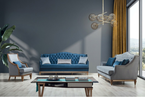 Moderne Blaue Chesterfield Sofagarnitur Designer Dreisitzer Luxus Sessel