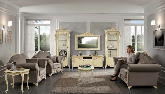 tv Schrank Holz rtv wohnwand Wohnzimmer Klassische Design Set 2tlg. Beige Neu