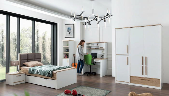 Modernes Jugendzimmer Set Bett Nachttisch Bücherregal Tisch Schlafzimmer 5tlg.