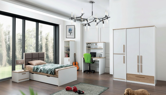 Modernes Jugendzimmer Set Bett Nachttisch Bücherregal Tisch Schlafzimmer 5tlg.