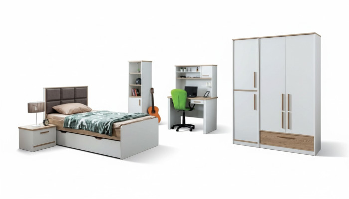 Modernes Jugendzimmer Set Bett Nachttisch Bücherregal Tisch Schlafzimmer 5tlg.