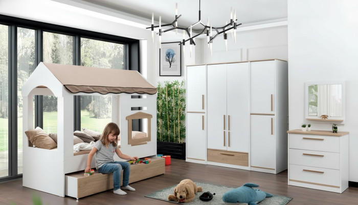 Kinderzimmer Bett Haus Überdachtes Bett Schlafzimmer Set Garnitur Spiegel 4tlg.