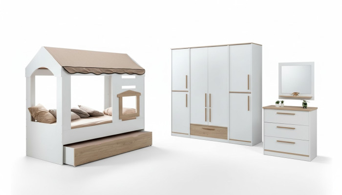 Kinderzimmer Bett Haus Überdachtes Bett Schlafzimmer Set Garnitur Spiegel 4tlg.