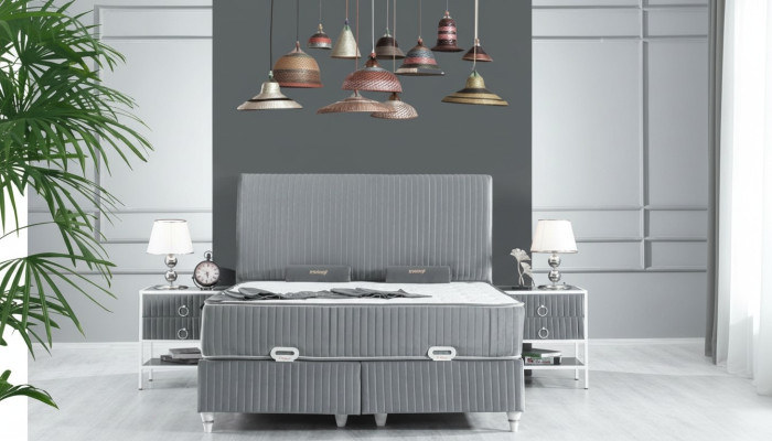 Schlafzimmer Set Grau Metall Bett Boxspring Design 2x Nachttische Neu 3tlg.