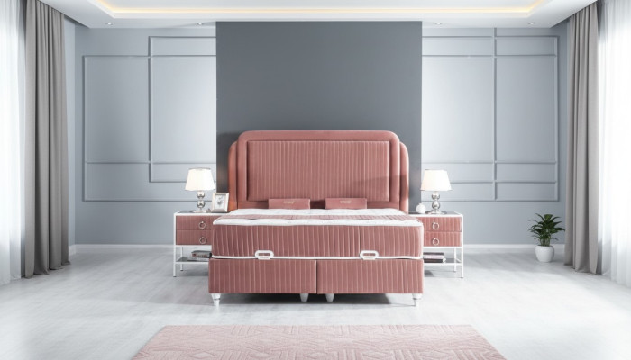 Schlafzimmer Set Rosa Metall Bett Stil 2x Nachttische Modern Neu 3tlg.