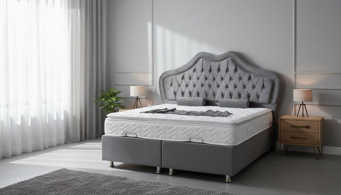 Bett Grau Doppelbett Boxspring Betten Stil Stoff Chesterfield 160x200