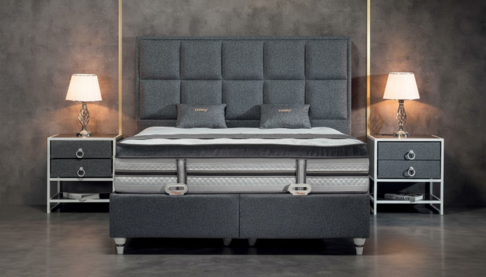 Schlafzimmer Set Grau Bett Design Modern Luxus 2x Nachttische 3 tlg