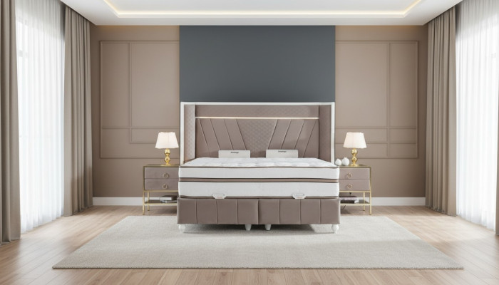 Luxus Schlafzimmer Set Beige Bett 2x Nachttisch Betten Möbel Led 3tlg