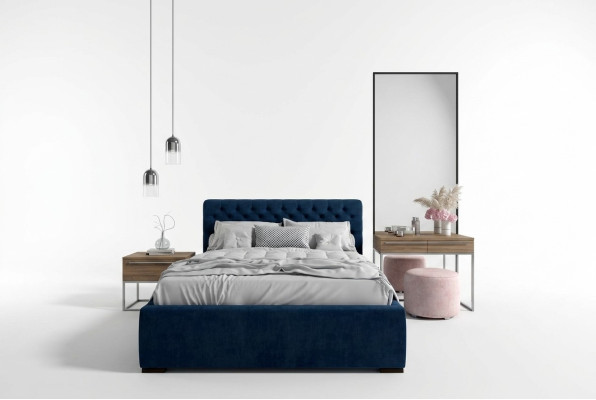 Bett Blau Modern Design Stoff Polster Schlafzimmer Doppelbett Holz Elegantes Neu
