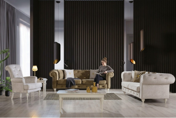 Stilvolle Wohnzimmer Sofagarnitur Dreistzer 2-Sitzer Luxus Sessel Couch