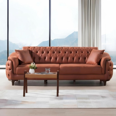 Orange Chesterfield Couch Dreisitzer Sofa Möbel Samt Holz Sitzpolster