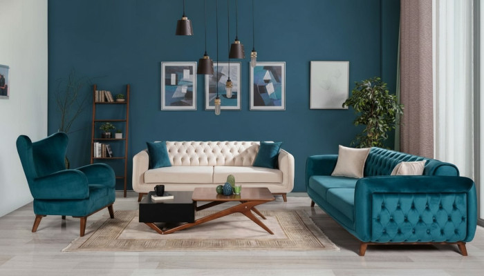 Sofas Set 3+3+1 Polster Couch Stoff Wohnzimmer Chesterfield 3tlg
