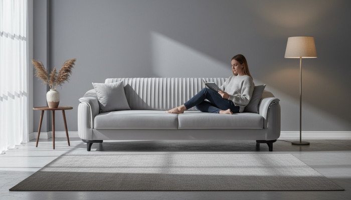 Graue Couch Wohnzimmer Dreisitzer Sitzpolster Sofa Möbel Samt Holz