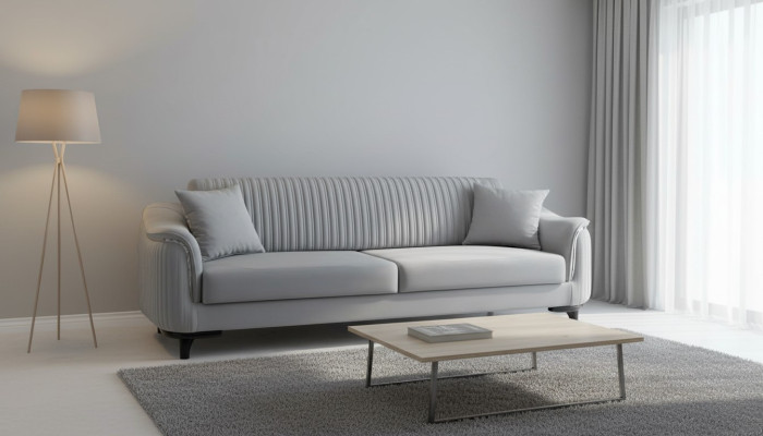 Graue Couch Wohnzimmer Dreisitzer Sitzpolster Sofa Möbel Samt Holz
