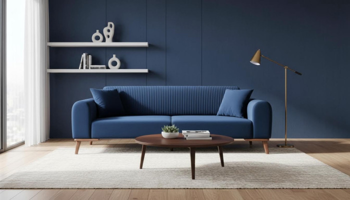 Elegante Blaue Dreisitzer Couch Sofa Wohnzimmer Sitzmöbel Samt