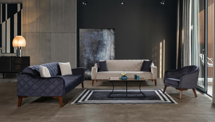 Wohnzimmer Sofagarnitur Sofa 3+3+1 Blaue Polster Set Sessel Textil