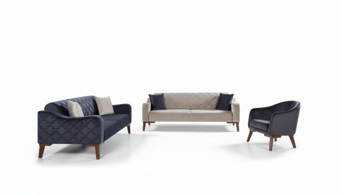 Wohnzimmer Sofagarnitur Sofa 3+3+1 Blaue Polster Set Sessel Textil