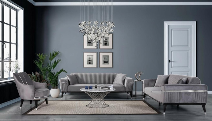 Sofagarnitur 3+3+1 Sitzer Sofa Sofas Sessel Stoff Holz Graue Couchen