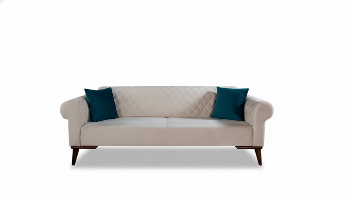 Beige Dreisitzer Couch Elegante Sofa Sitzmöbel Wohnzimmer Samt