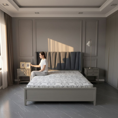Design Schlafzimmer 3tlg. Bett 2x Nachttische Betten Set Holz Nachttisch Grau