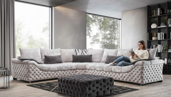 Ecksofa Beige Design Couch Holz mit Textil Wohnzimmer L Form Sofas Neu