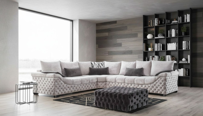 Ecksofa Beige Design Couch Holz mit Textil Wohnzimmer L Form Sofas Neu