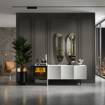 Gruppe Sideboard Spiegel Kommode Holz Modern Esszimmer Weiß Design Neu