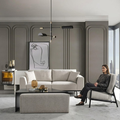 Moderne weiße Sofagarnitur Dreisitzer Sessel Set Polstermöbel Wohnzimmer