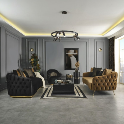 Chesterfield Sofagarnitur Sofa Sessel Blau Polyester Luxus Set 3tlg