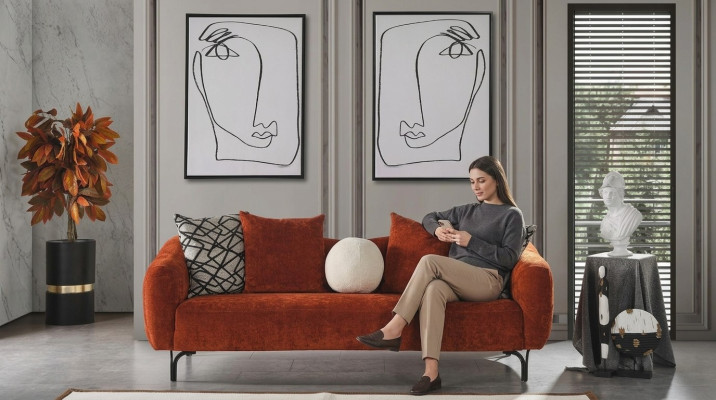 Dreisitzer Sofa 3 Sitzer Sofas Design Modern Stoff Orange Wohnzimmer