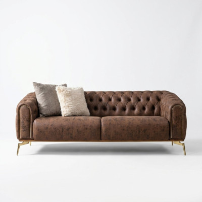 Chesterfield Viersitzer Sofa 4 Sitzer Sitz Polyester Braun Kunstleder