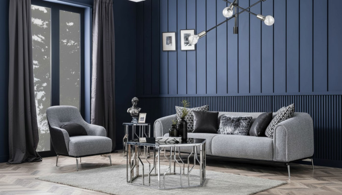 Modern Garnitur Sofa 3 Sitz Sessel Dreisitzer Stoff Grau Modern Polyester