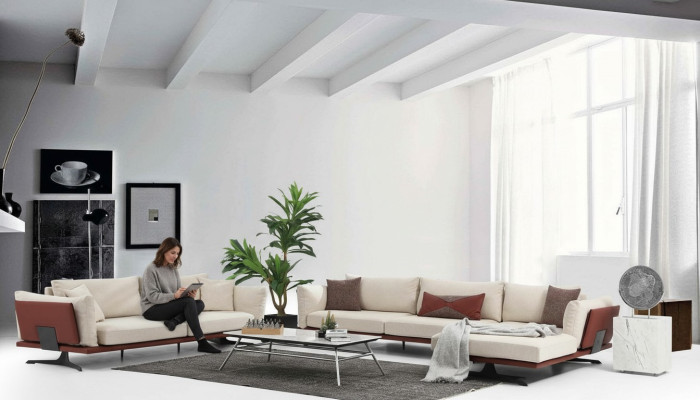 Sofagarnitur Ecksofa L-Form 2 Sitzer Beige Modern Stoff Sofas Set Eck