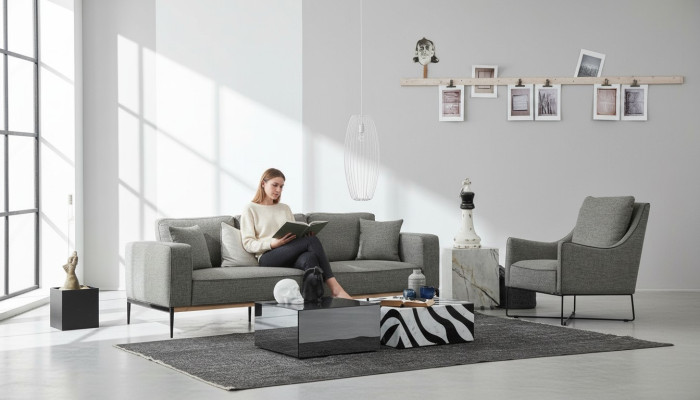 Sofagarnitur 3 Sitzer Sessel Dreisitzer Stoff Sofas Modern Design Grau