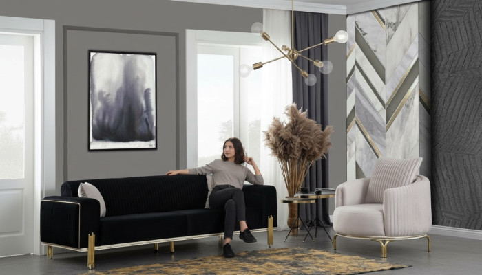 Moderne Sofagarnitur Dreisitzer Sessel Polster Set Mit Edelstahl 2tlg