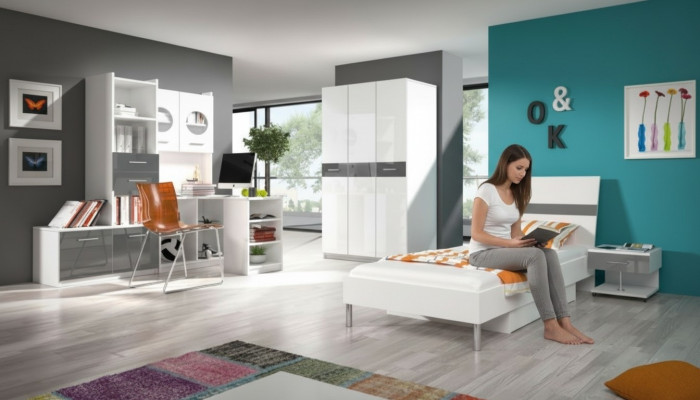 Graues Kinderzimmer Komplett Einzelbett Kleiderschrank Kommode 5tlg Jugendzimmer