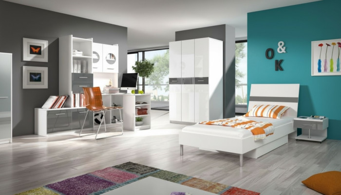 Graues Kinderzimmer Komplett Einzelbett Kleiderschrank Kommode 5tlg Jugendzimmer