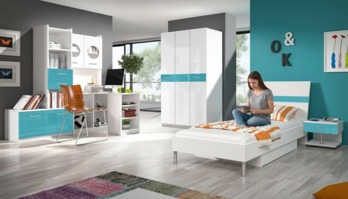 Bett + Nachttisch Schlafzimmer Jugendzimmer Kinderzimmer Set Möbel Blau 2tlg.