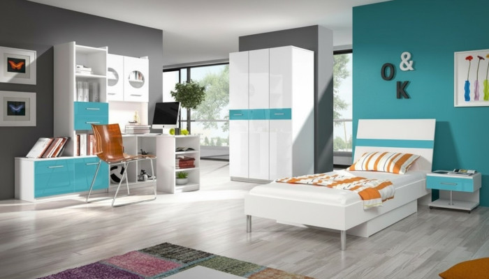 Bett + Nachttisch Schlafzimmer Jugendzimmer Kinderzimmer Set Möbel Blau 2tlg.