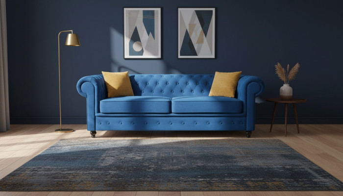 Sofas Polster Sofas 3 Sitz Chesterfield Textil Sofa Blau Klassisch Designer Neu