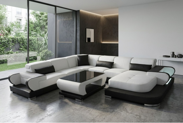 Couch Ecksofa mit USB Leder Wohnlandschaft Garnitur Design Modern Sofa +Tisch