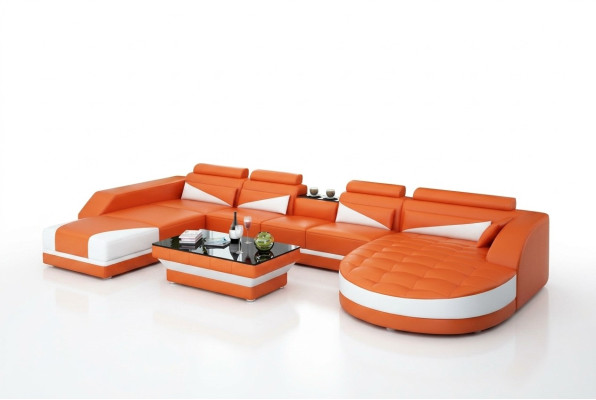Ledersofa Couch Wohnlandschaft Ecksofa Garnitur Design Modern Sofa USB Orange