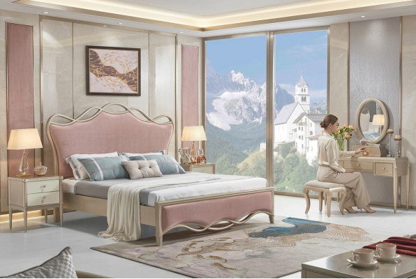 Schickes Doppelbett in atemberaubender Rosa Farbe mit zwei Nachttischen	