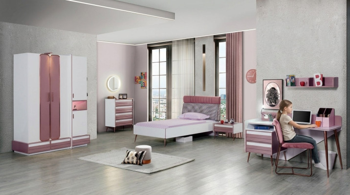 Kinderzimmer Komplett Bett Kleiderschrank Kommode Spiegel Wandregal 7tlg