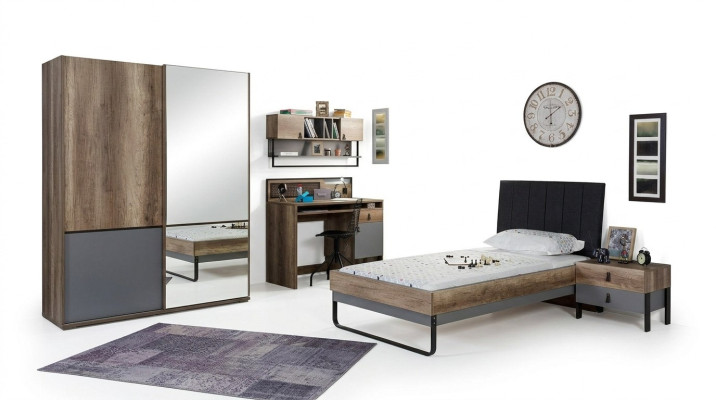 Modernes Jugendzimmer Set Bett Nachttisch Tisch Schlafzimmer Wandregal 6tlg. 